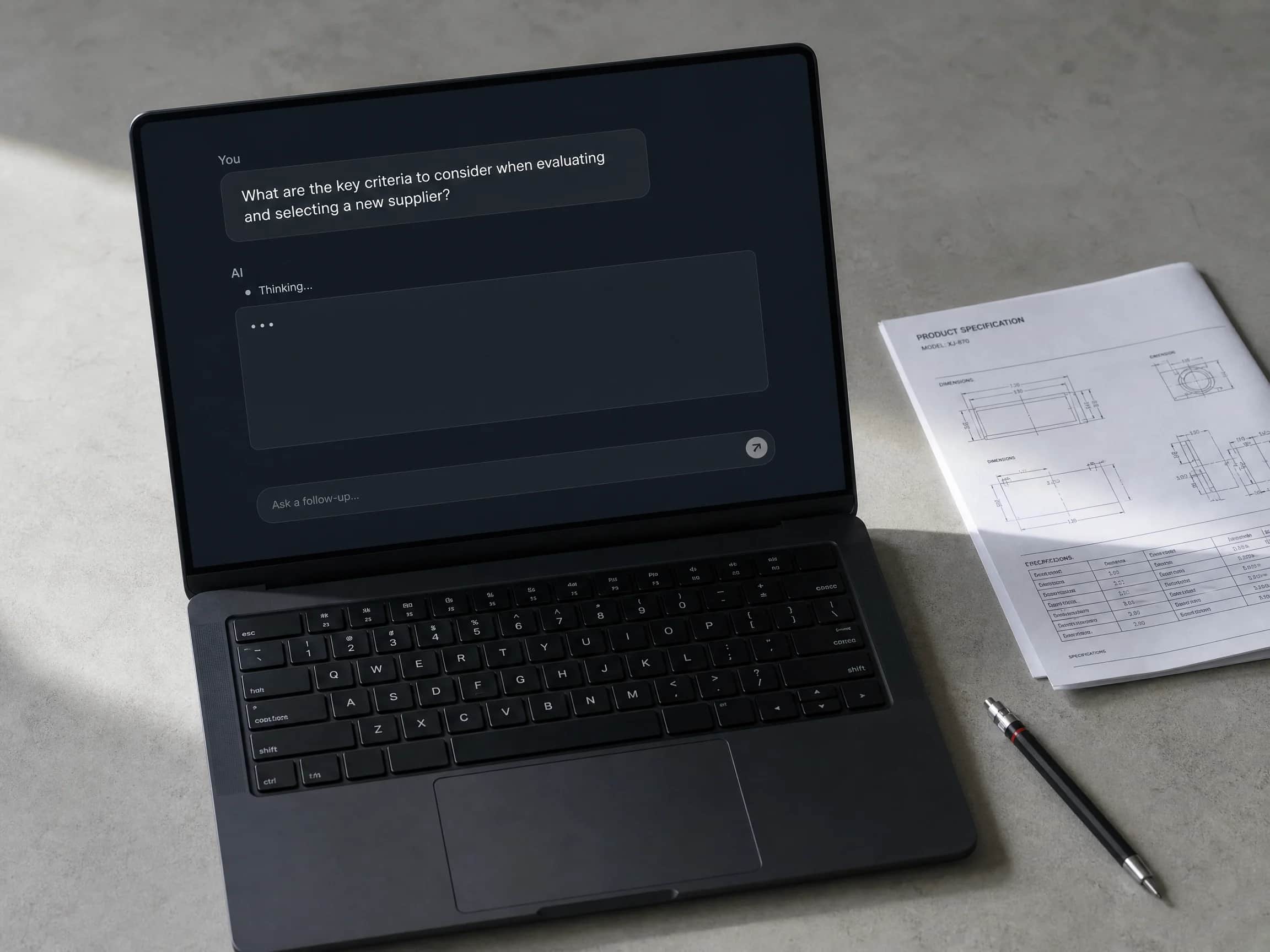 AI search interface on a laptop in a modern office setting