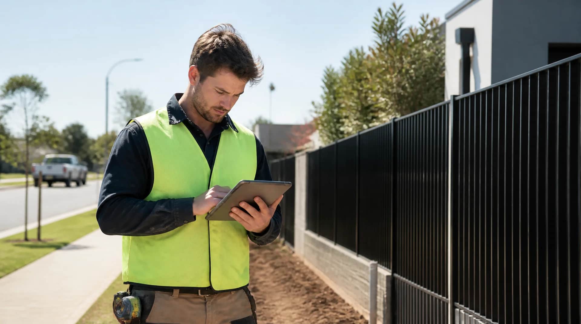 A contractor reviewing a residential fence project on a tablet
