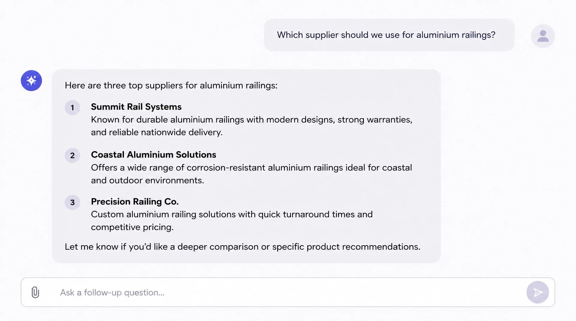 An AI answer recommending railing suppliers to a specifier