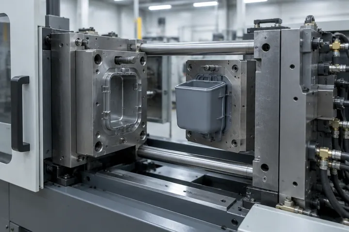 An open injection molding press with a molded plastic part in the tool