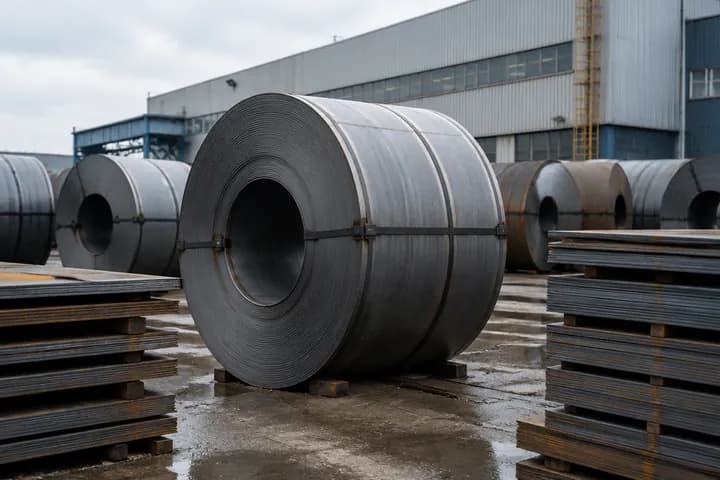 Coils of rolled steel and stacked steel plates in a storage yard