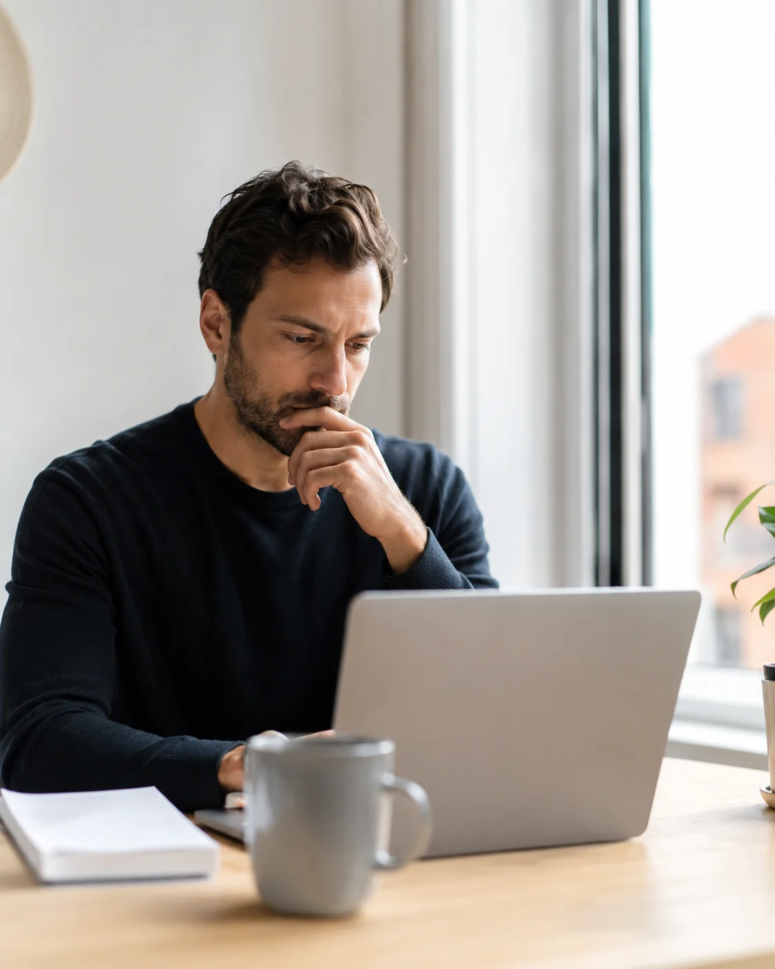 A professional considering supplier options at a laptop