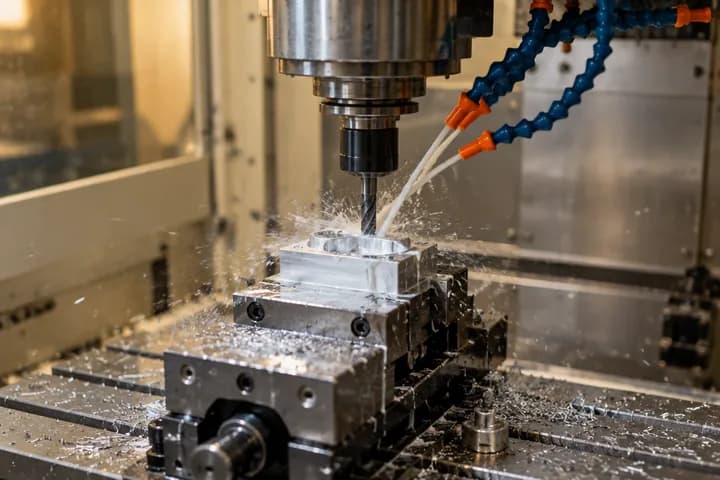 A machining center cutting an aluminum part with coolant spraying over the vise