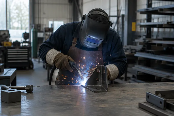 A welder in a protective helmet joining a steel bracket on a workbench, with sparks