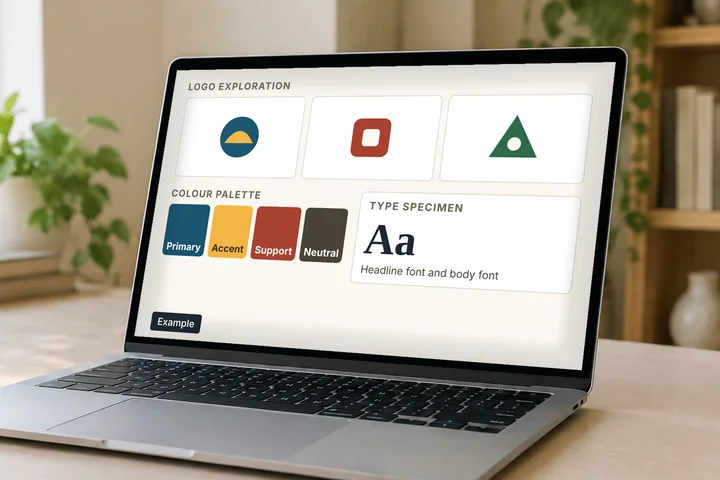 Example logo sheet with three abstract marks, a colour palette and a type specimen