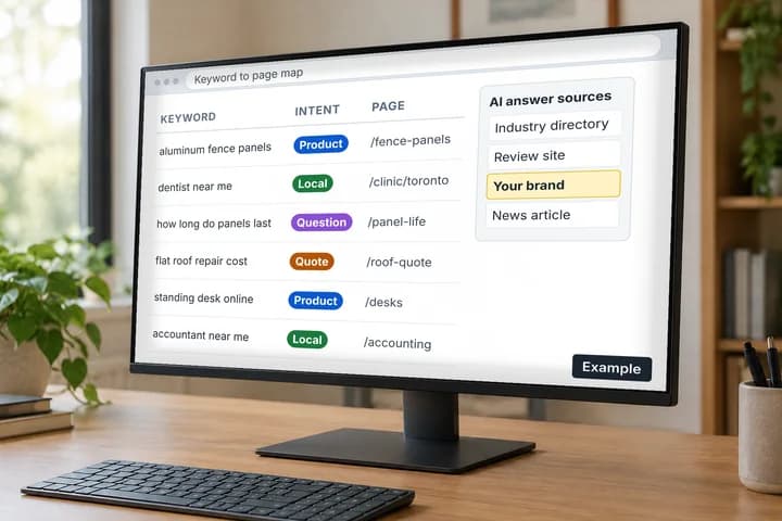 Example keyword map: each keyword with an intent tag and its page, beside an AI answer sources card