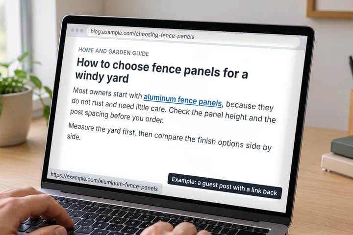 Example blog article with a highlighted link to a fence panel page, labelled as a guest post example