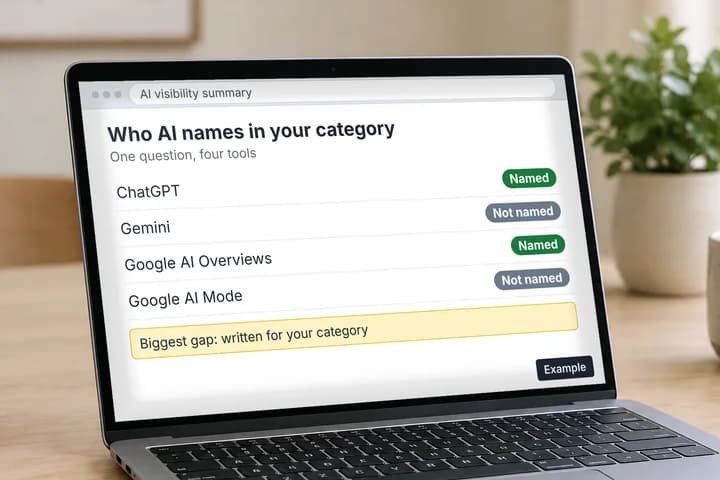 Example AI visibility summary listing four AI tools as named or not named for one category