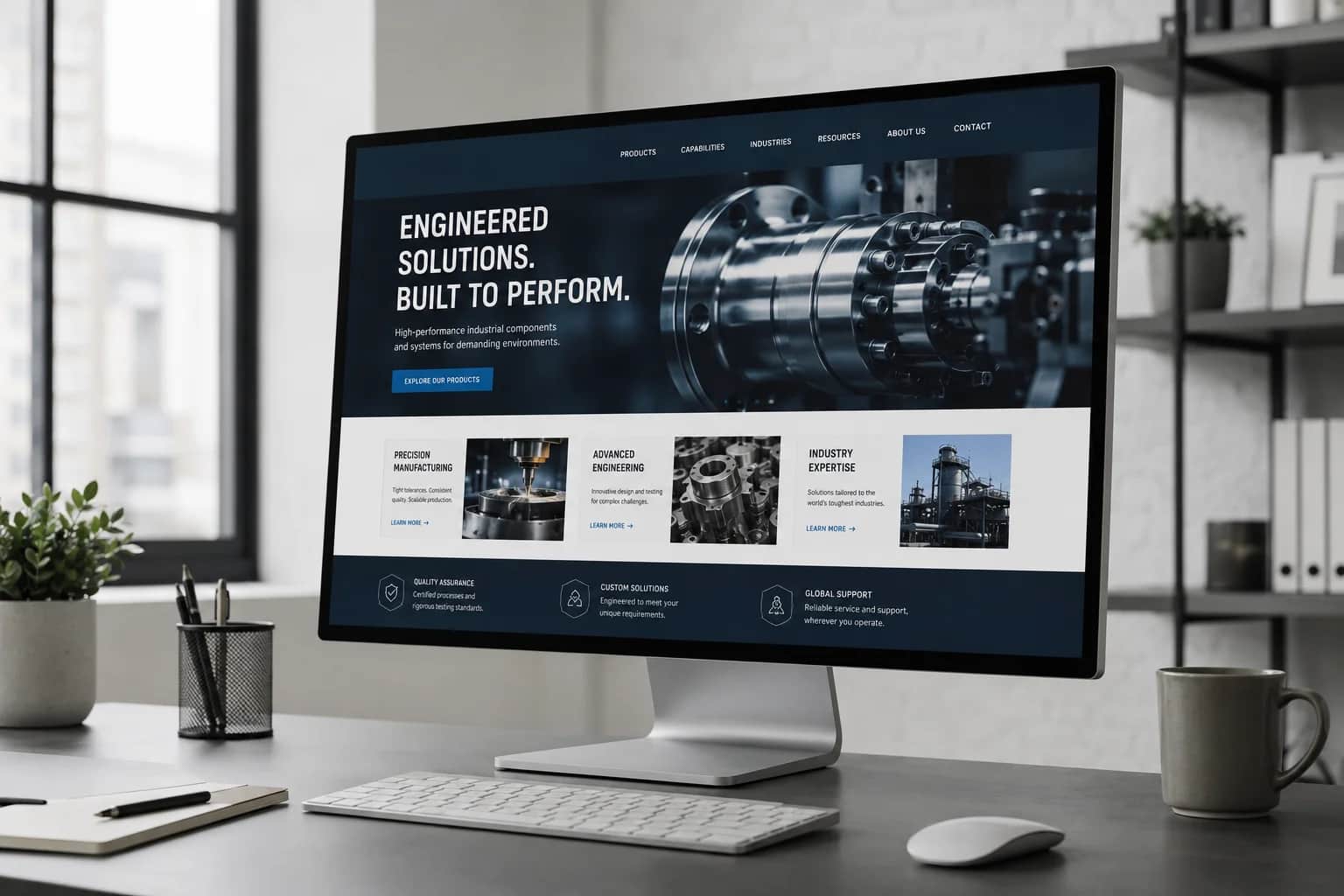 A laptop showing a clean industrial website layout in a professional office setting