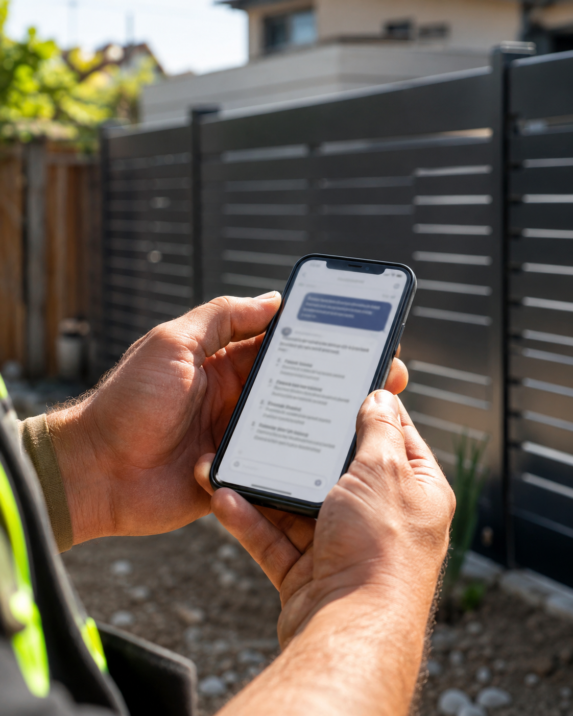A contractor reading an AI assistant answer on a phone at a job site