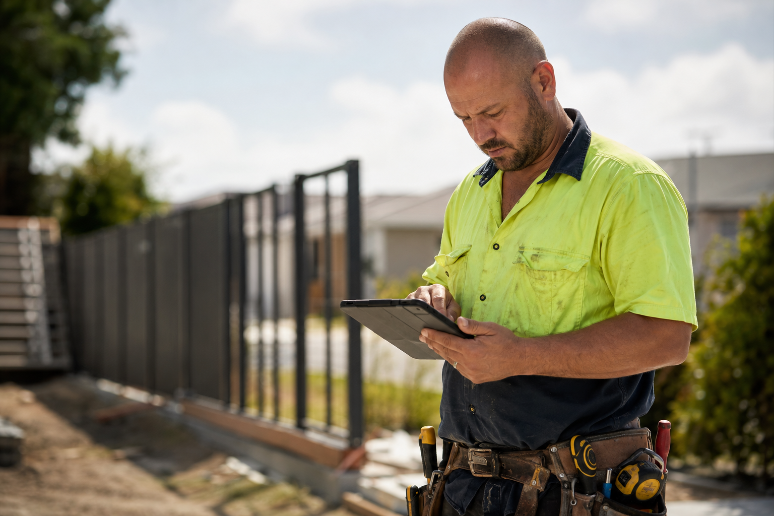 A contractor checking an aluminum fence installation on a tablet