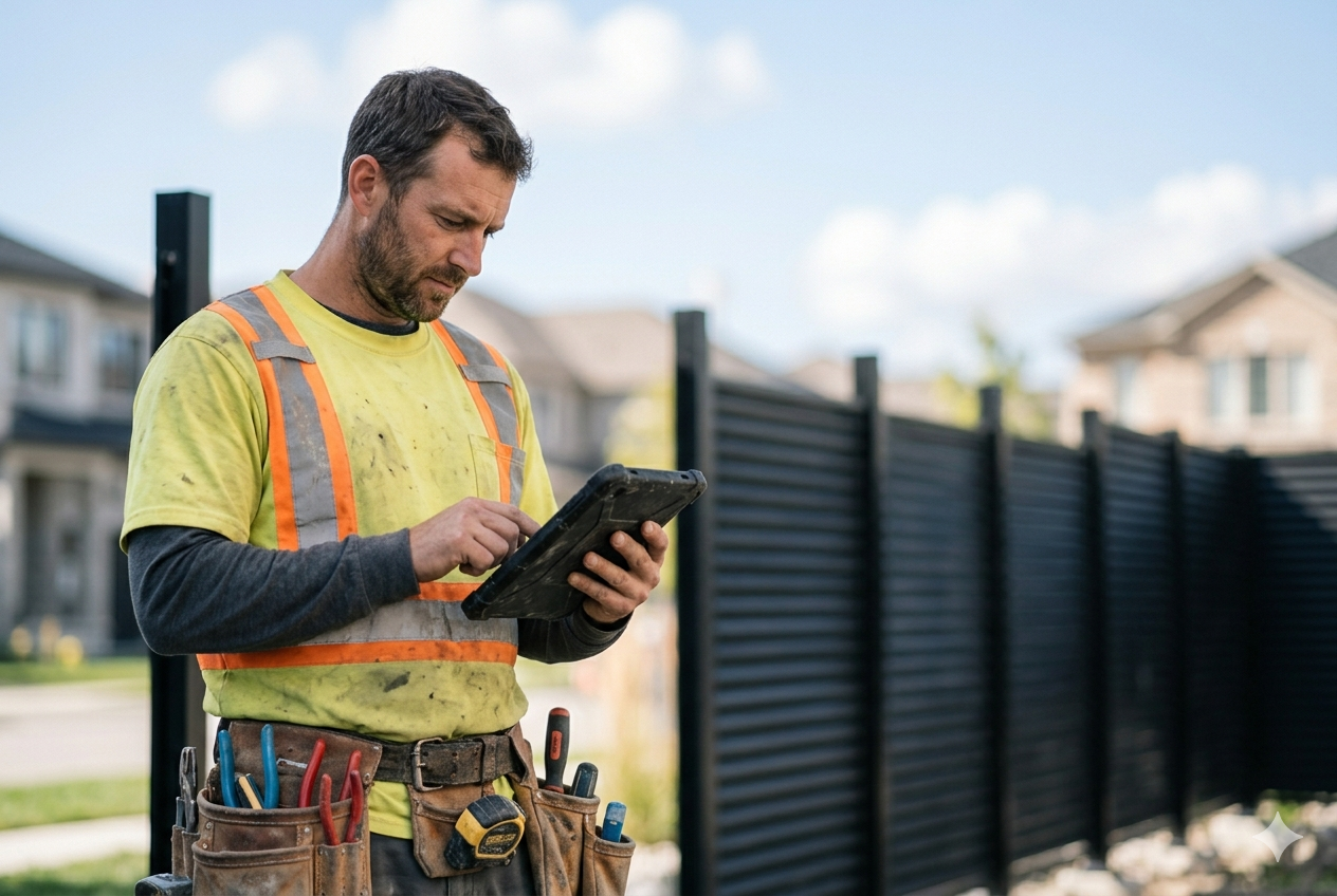 A contractor reviewing plans on a tablet at a job site